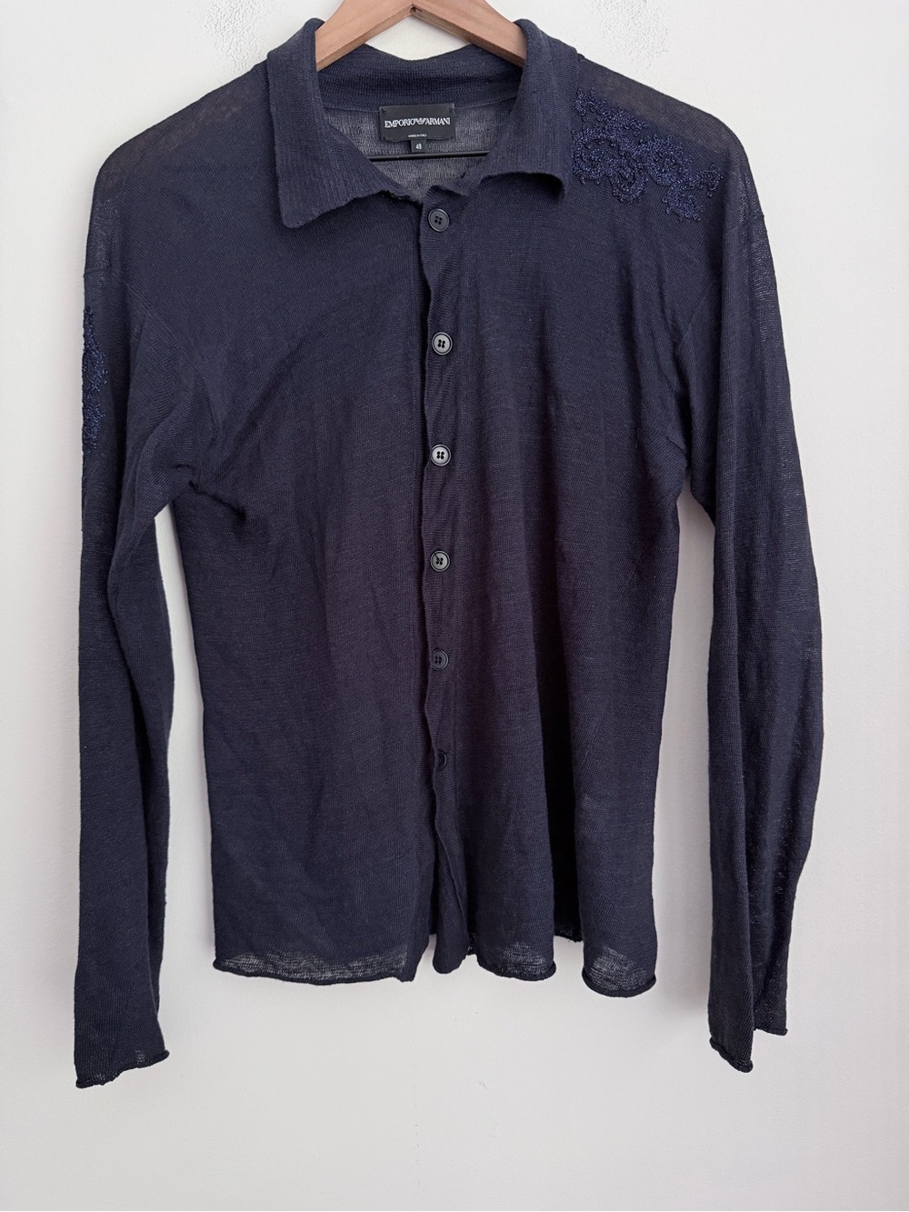 Emporio Armani navy blue Long Sleeve Linen Cardigan embroidered lightweight 48